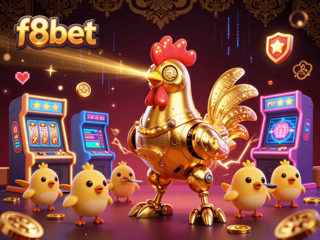 Engage with f8bet's vibrant casino experience featuring a golden rooster robot and arcade games.