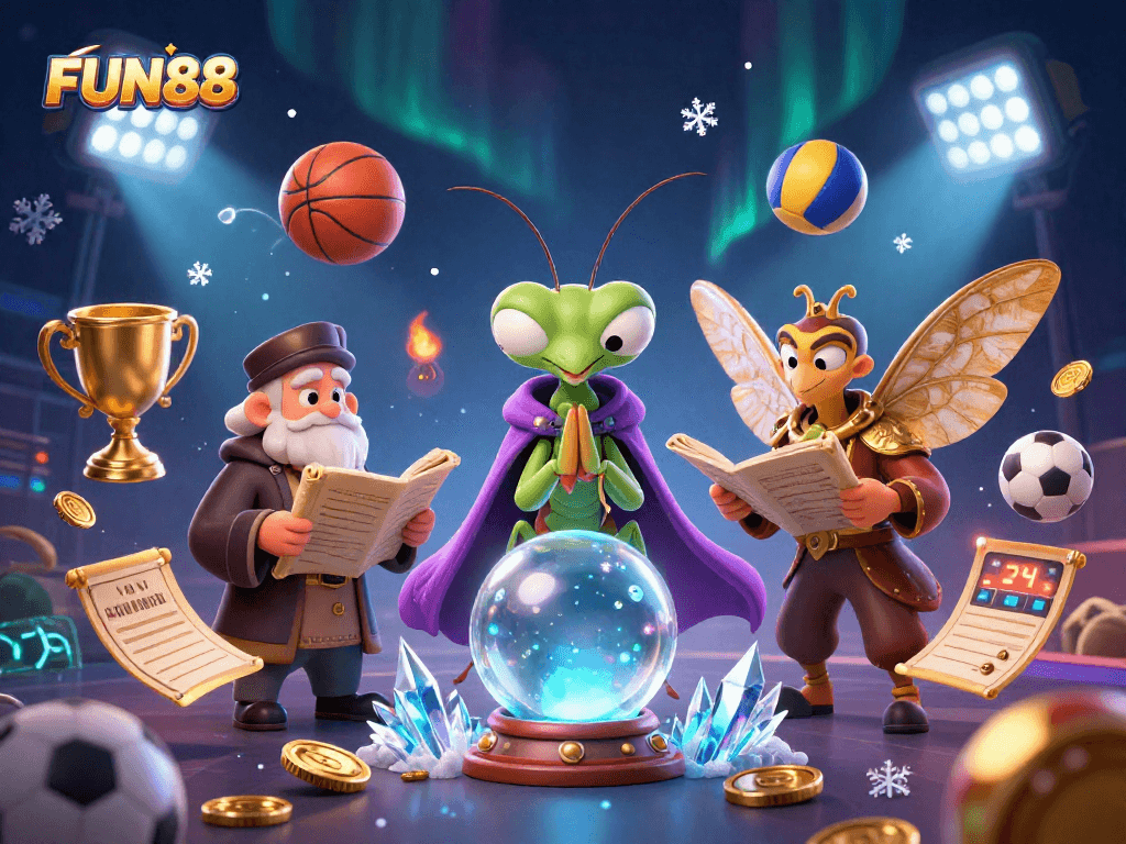 Engage in FUN88 sports betting with a vibrant scene featuring fortune tellers and dynamic game elements.