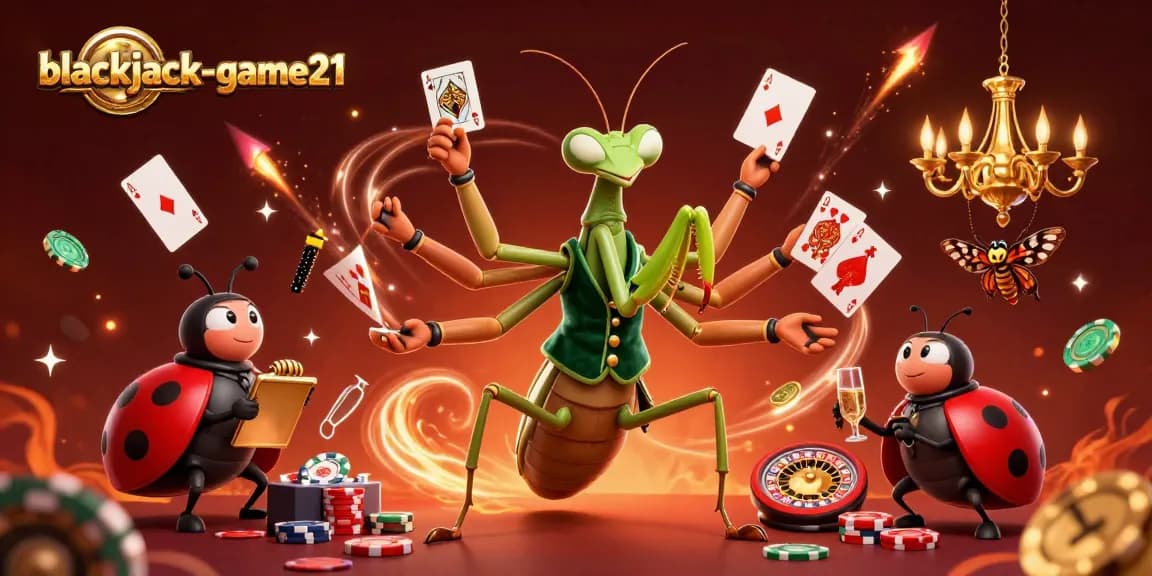 Engage in thrilling moments with blackjack-game21 as a praying mantis dealer showcases skills and excitement.