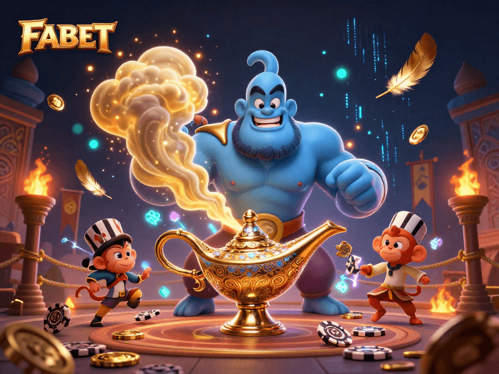 Join the excitement of FABET with a magical scene featuring a genie, monkey, and poker chips.