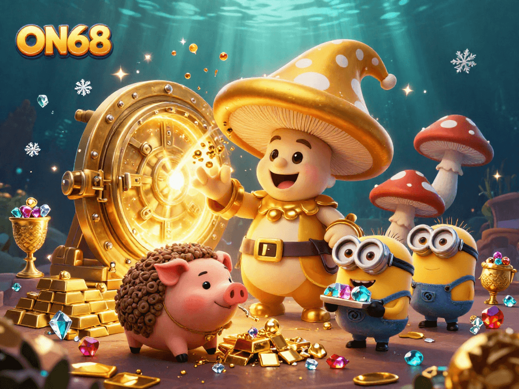 Engage with ON68's magical gaming realm as the golden wizard conjures treasures in a spectacular casino setting.
