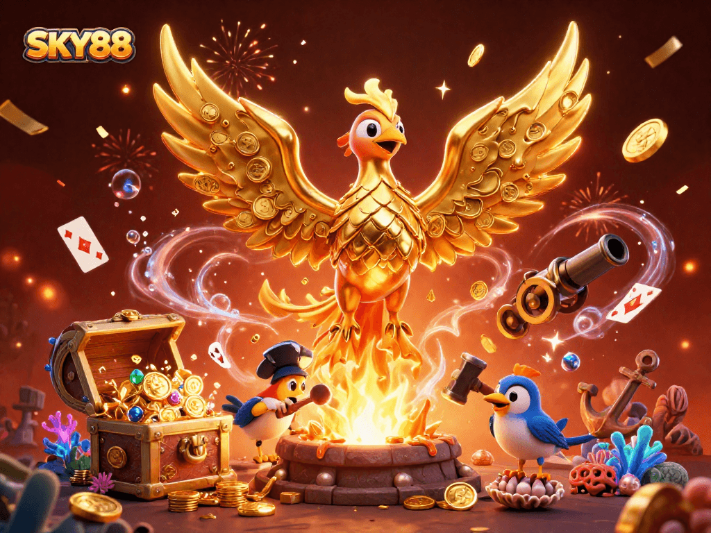 Experience the thrilling world of SKY88 with golden phoenix and exciting casino elements.