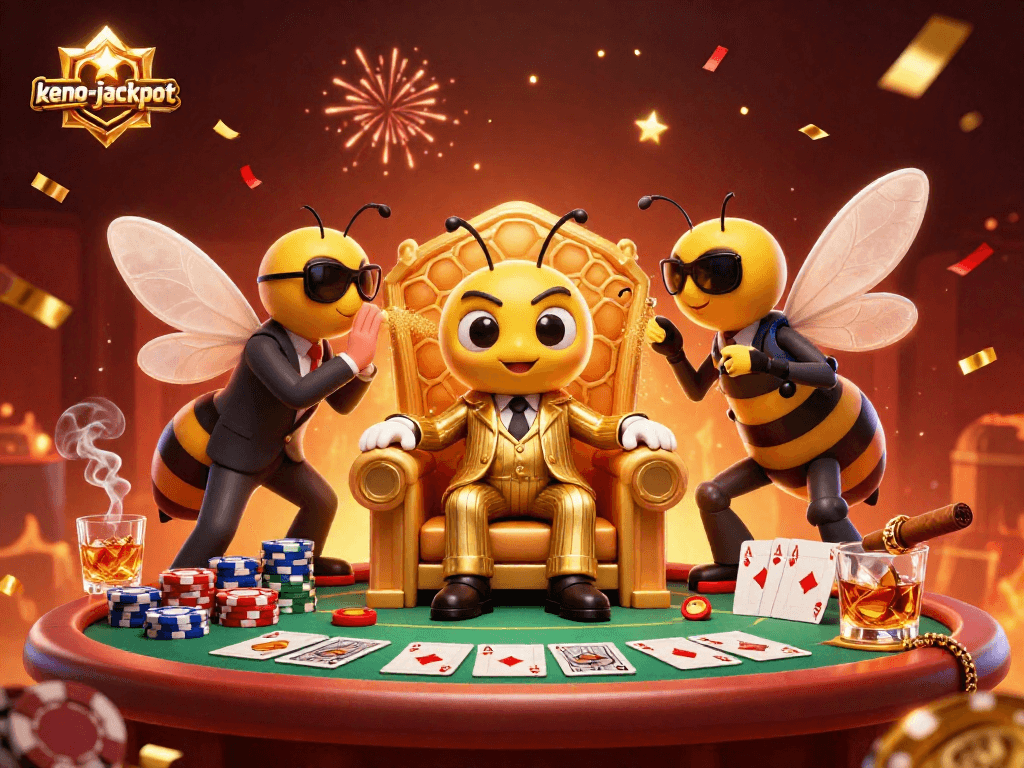 Keno-jackpot scene with cartoon mob boss at poker table amidst colorful chips and dynamic characters.