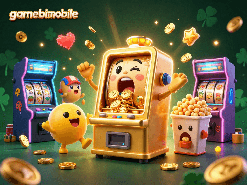 gamebaimobile reveals an exciting slot machine jackpot scene with golden coins overflowing.