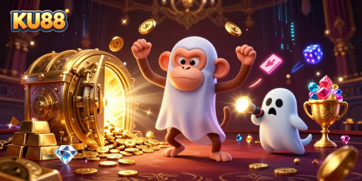 KU88 offers a thrilling experience juggled by a playful poltergeist monkey in a vibrant casino setting.
