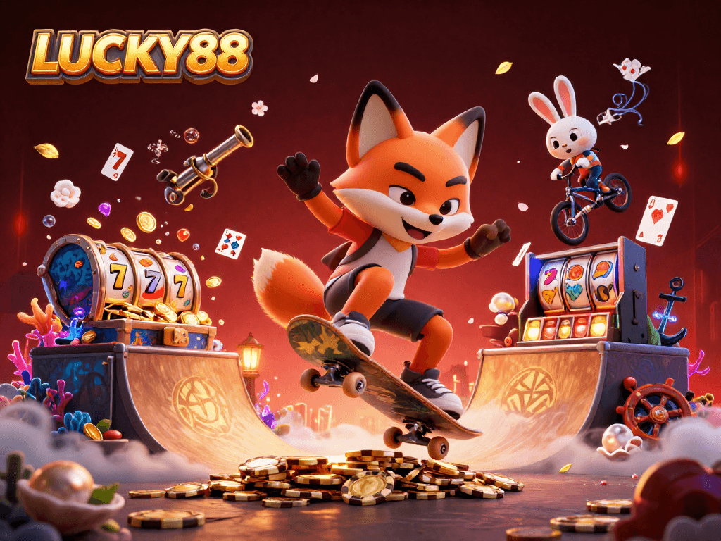LUCKY88 showcases thrilling gaming action with vibrant characters and rich casino elements