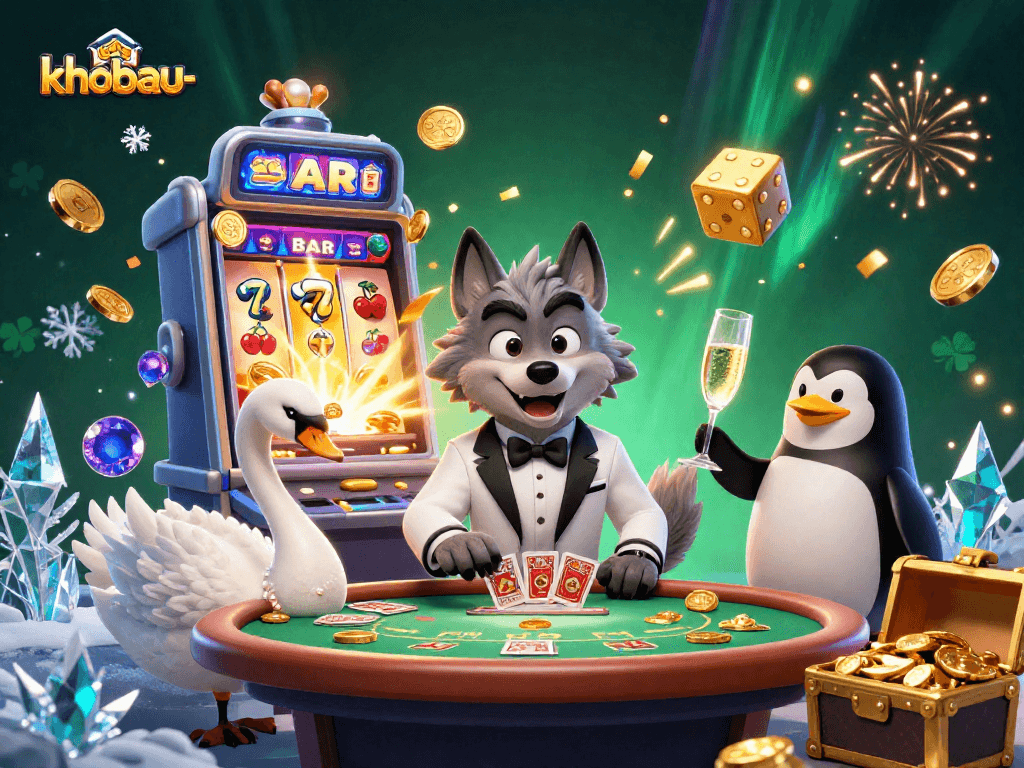 Experience thrilling gameplay with khobau-aztec in a vibrant casino scene featuring the debonair wolf and friends.