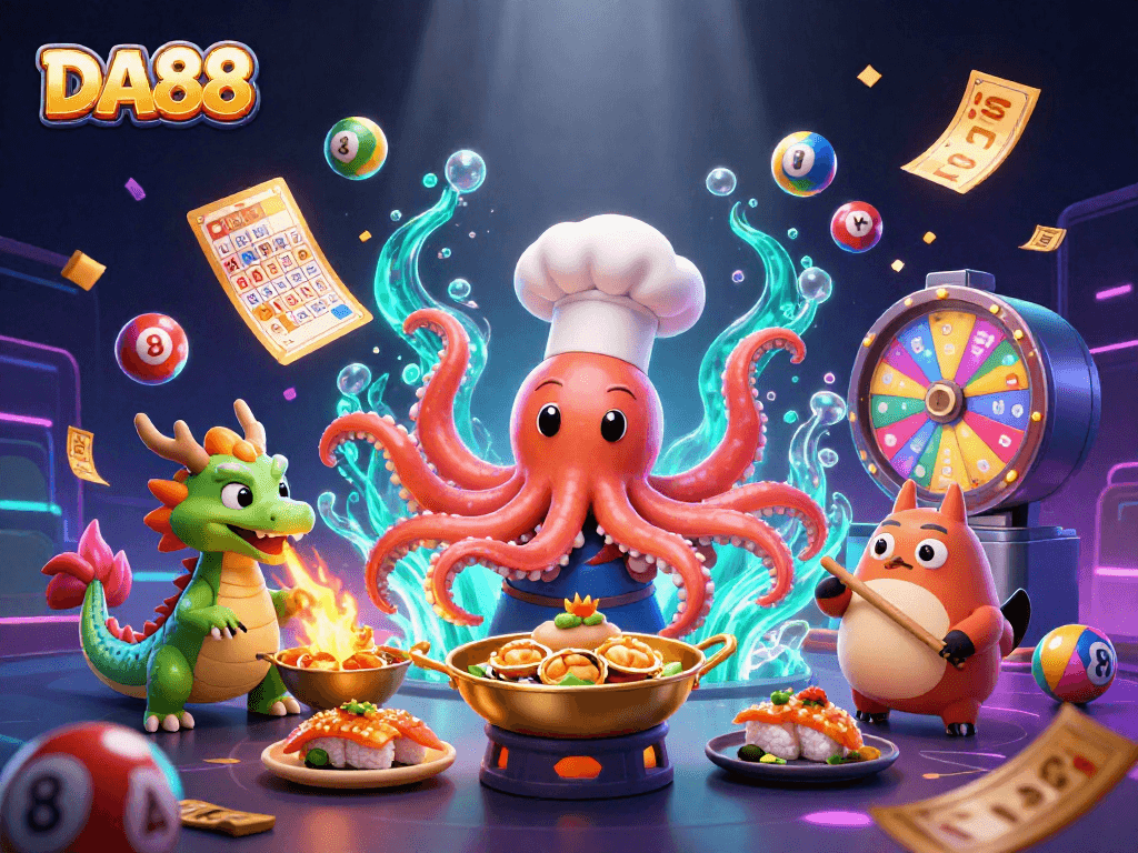 Engage with DA88 in a vibrant casino scene featuring a sushi chef octopus, a dragon, and a tanuki.
