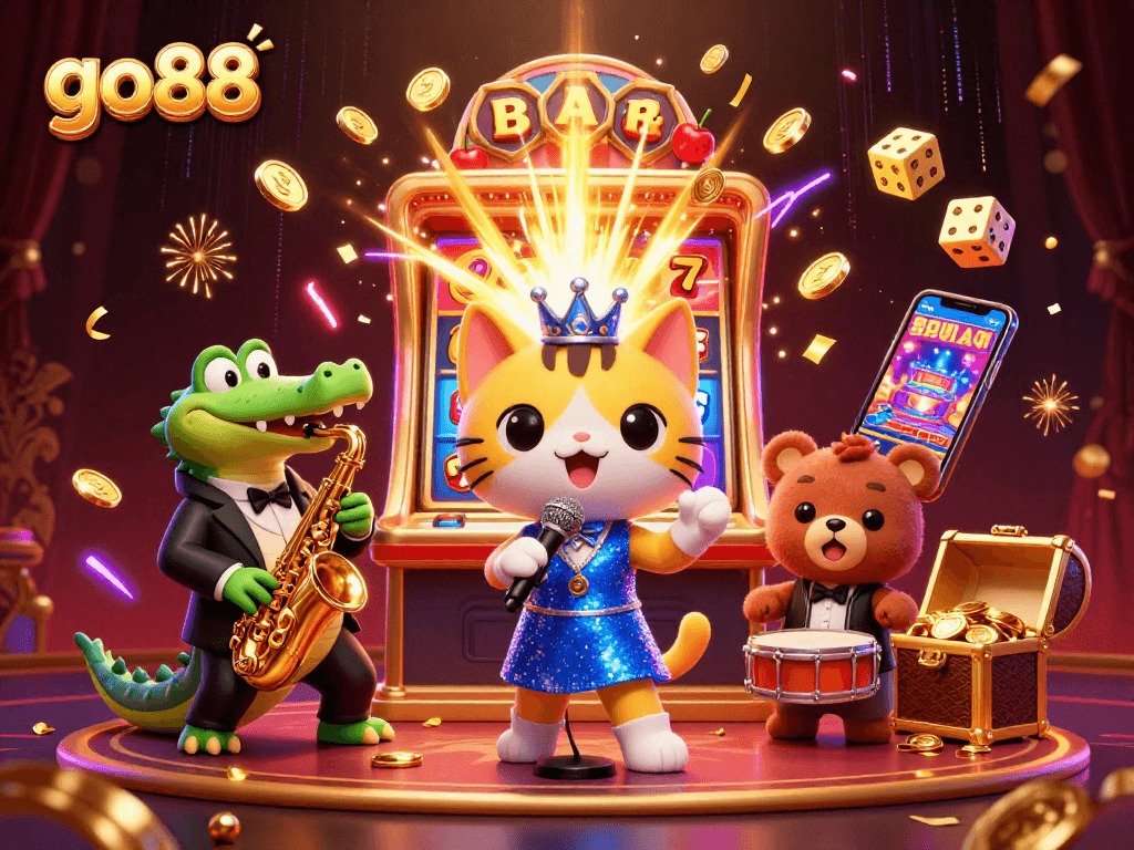 Go88 enhances excitement with a vibrant casino scene featuring dynamic characters and jackpot elements.