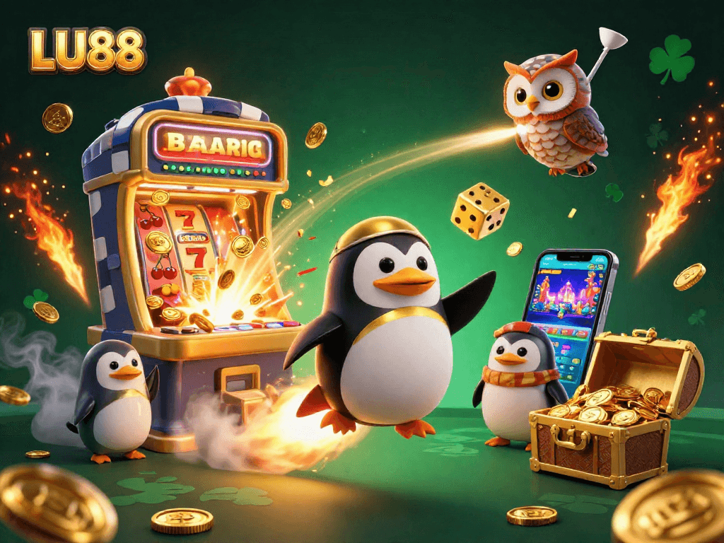 LU88 offers thrilling jackpots surrounded by vibrant characters and dazzling casino elements in this engaging 3D scene.