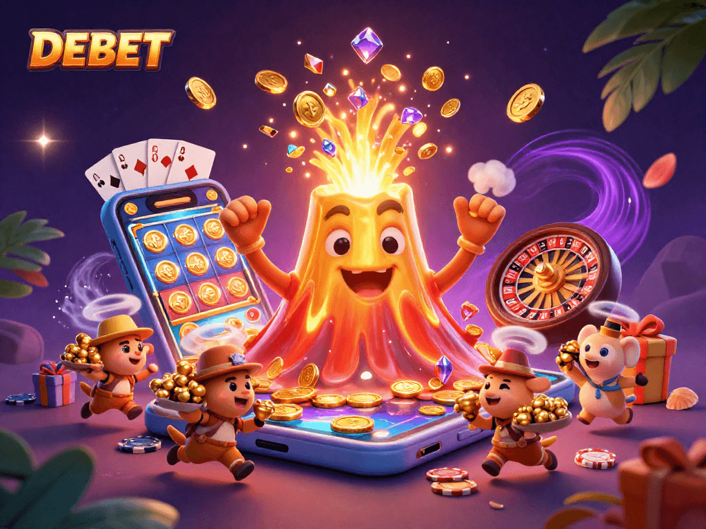 Experience thrilling wins with DEBET as the volcano erupts in golden treasures in this vibrant 3D illustration.