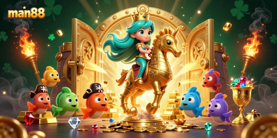 Join man88 for a thrilling treasure adventure in this vibrant casino-themed illustration