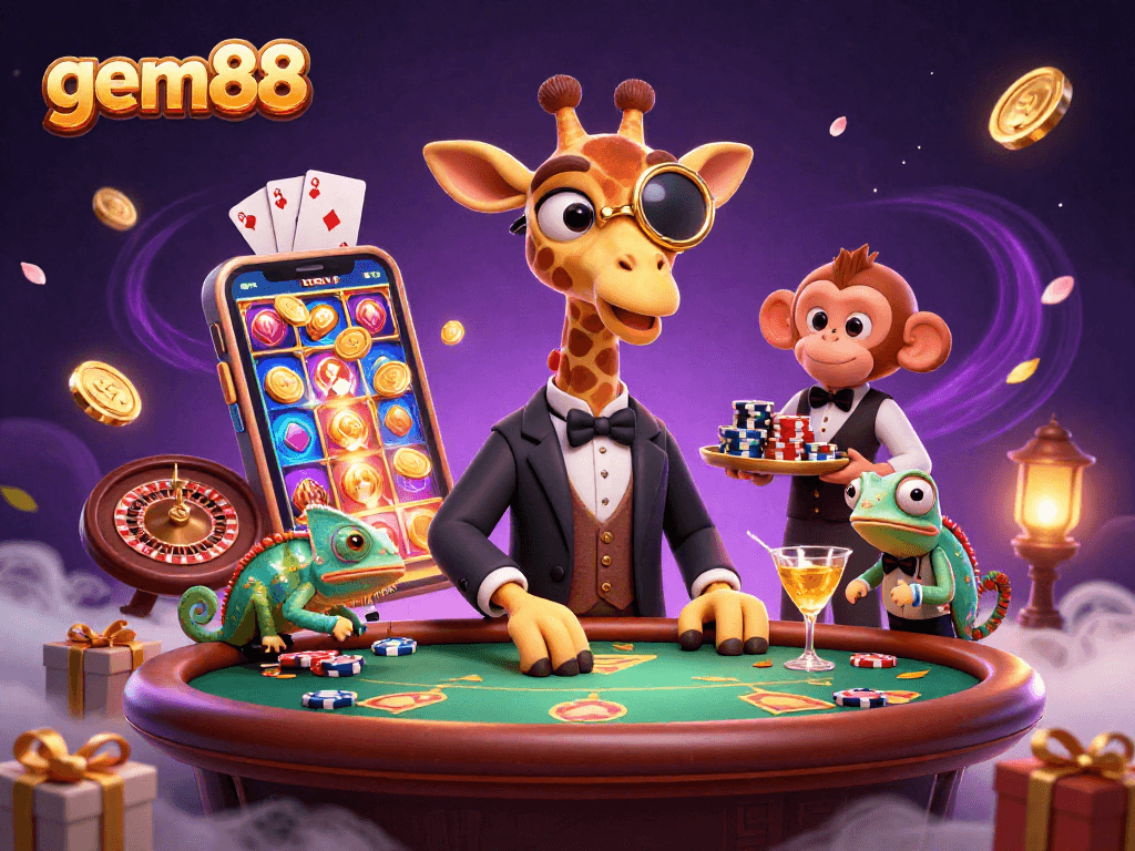 gem88 captures high-roller excitement with a giraffe, monkey, and chameleon in a vibrant casino scene