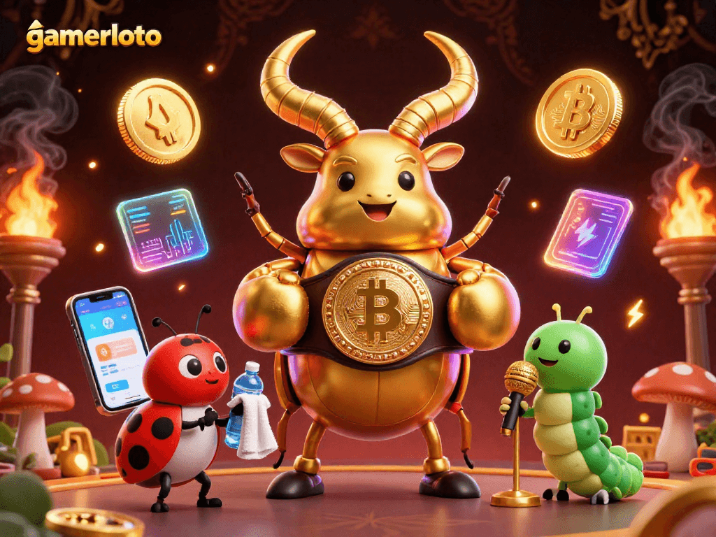 Experience gamerloto's vibrant casino scene with golden stag beetle and crypto elements in action.