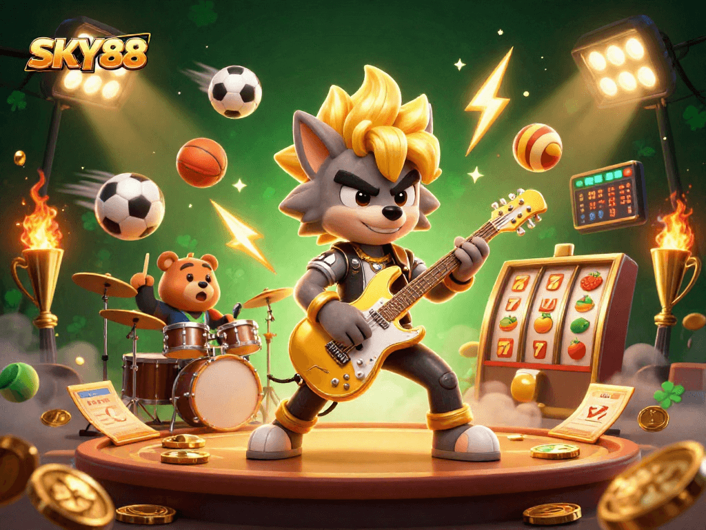 SKY88 brings thrilling slots excitement with a rock star wolf and spirited drummer bear.