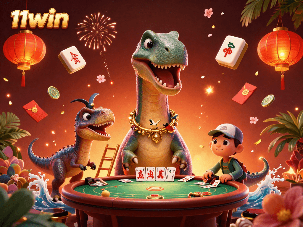 Engage in thrilling gaming with 11WIN’s vibrant 3D casino illustration featuring exciting characters and festive elements.