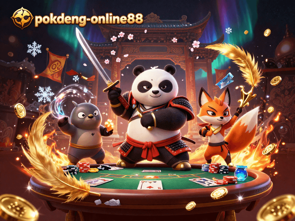 Experience thrilling gameplay with pokdeng-online88 as the samurai panda draws his katana alongside vibrant casino elements.