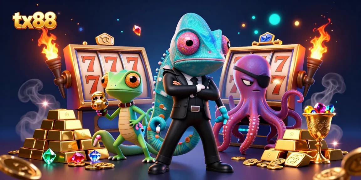 Experience thrilling wins with tx88 as the chameleon, gecko, and octopus dive into a vibrant casino scene.