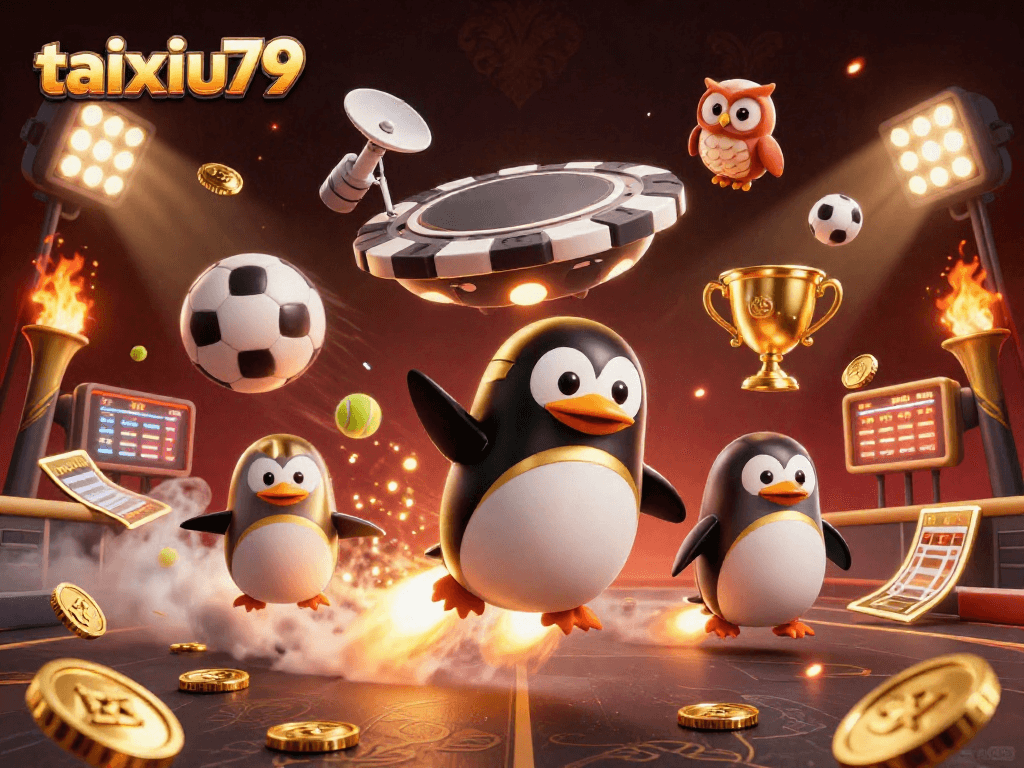 Experience the thrilling taixiu79 adventure with a golden penguin blasting through a casino space!