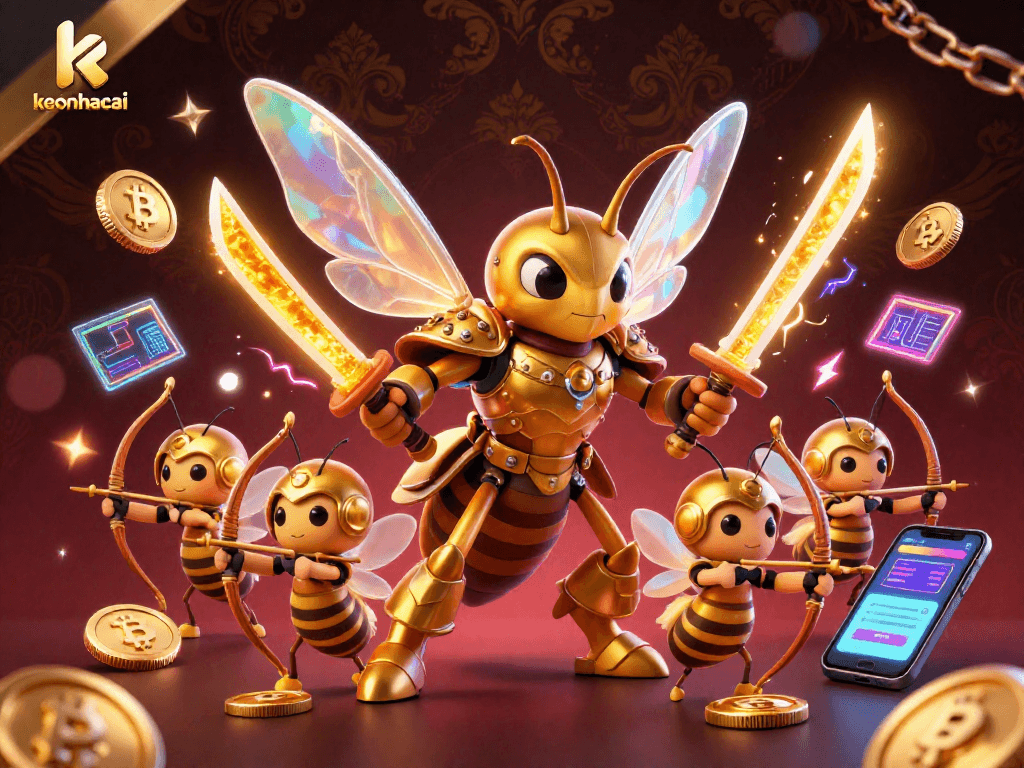 Engage with keonhacai's exhilarating casino world, featuring a giant hornet warrior and crypto elements.