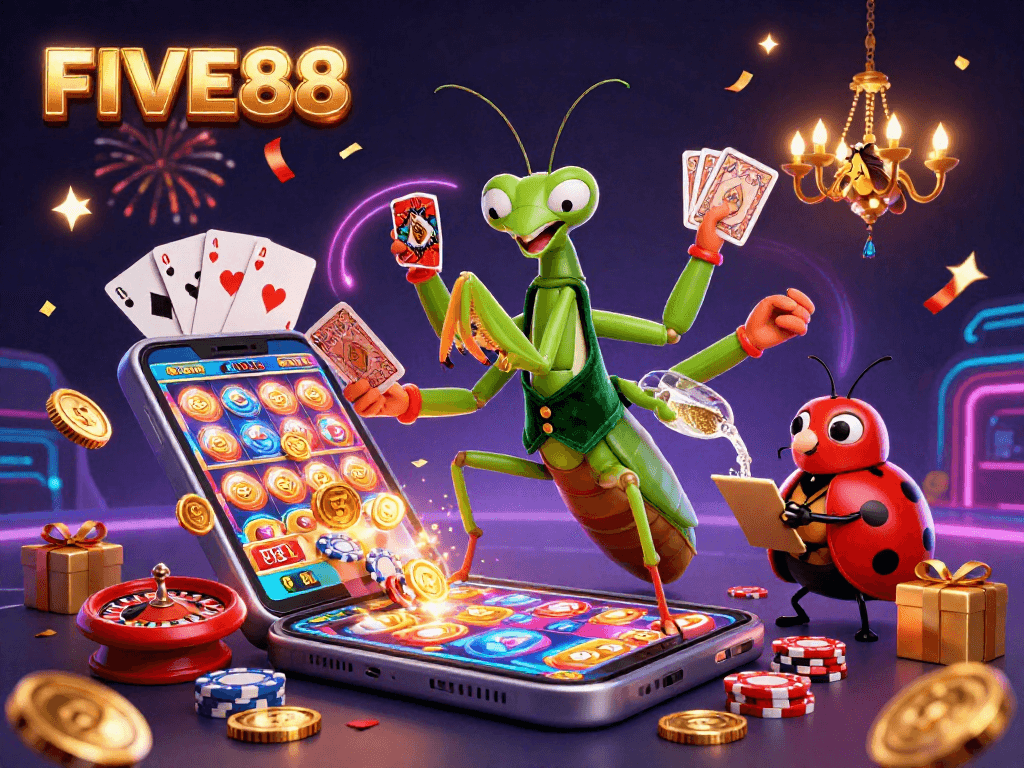 Experience excitement at FIVE88 with a dynamic casino scene featuring vibrant characters and engaging game elements.