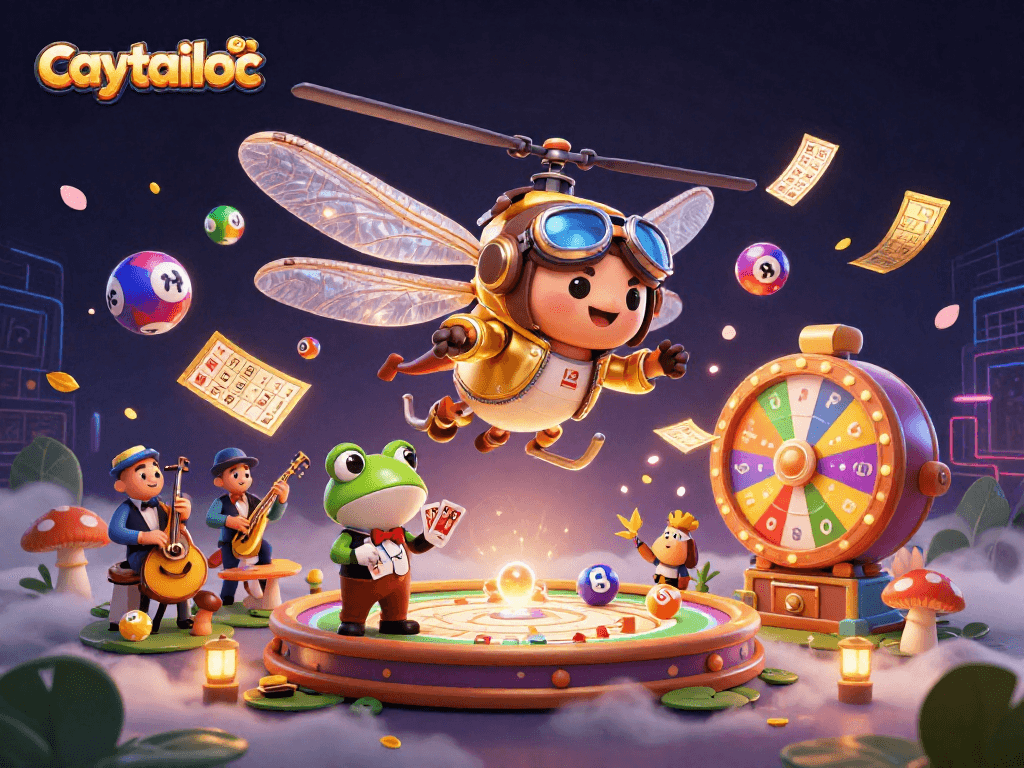 Caytailoc captivates players with a vibrant scene of a dragonfly pilot, frog croupier, and jazz-playing crickets in an engaging casino setting.
