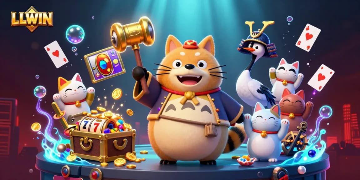 LLWIN showcases vibrant 3D illustration with cheerful tanuki and casino themes including slot reels and gold coins.