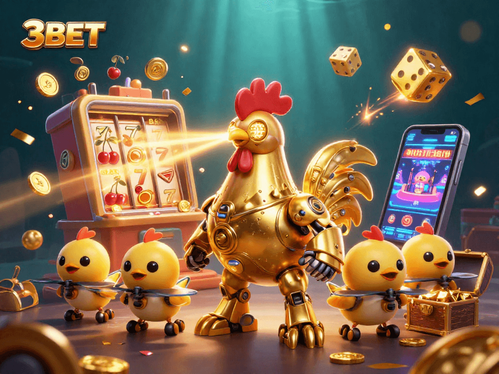 Experience thrilling gameplay with 3BET in a vibrant 3D casino scene featuring a golden rooster robot and jackpot explosion.