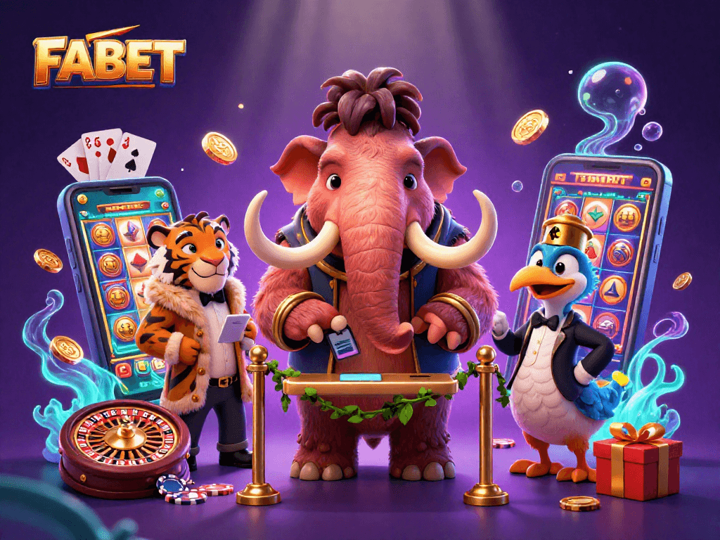 FABET presents a 3D cartoon scene with a casino bouncer, VIP guest, and vibrant gambling elements.
