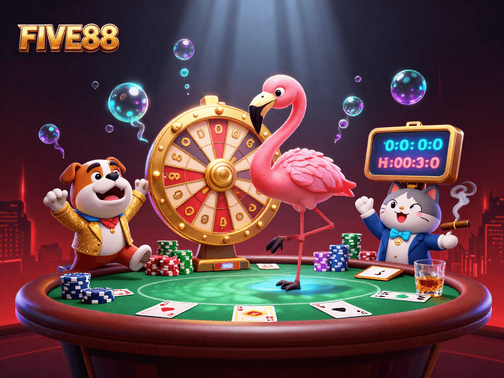 Engage with FIVE88's thrilling games as a colorful flamingo spins a prize wheel amidst exciting casino elements.