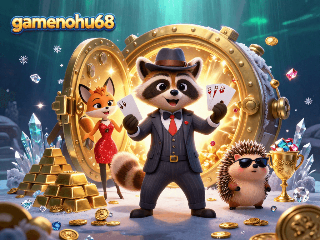 gamenohu68 showcases casino adventure with raccoon holding royal flush, fox lady in sequins, and glowing vault.