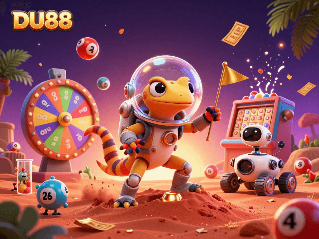 Experience thrilling moments at DU88 with Martian gecko and lottery excitement in vibrant casino landscape.