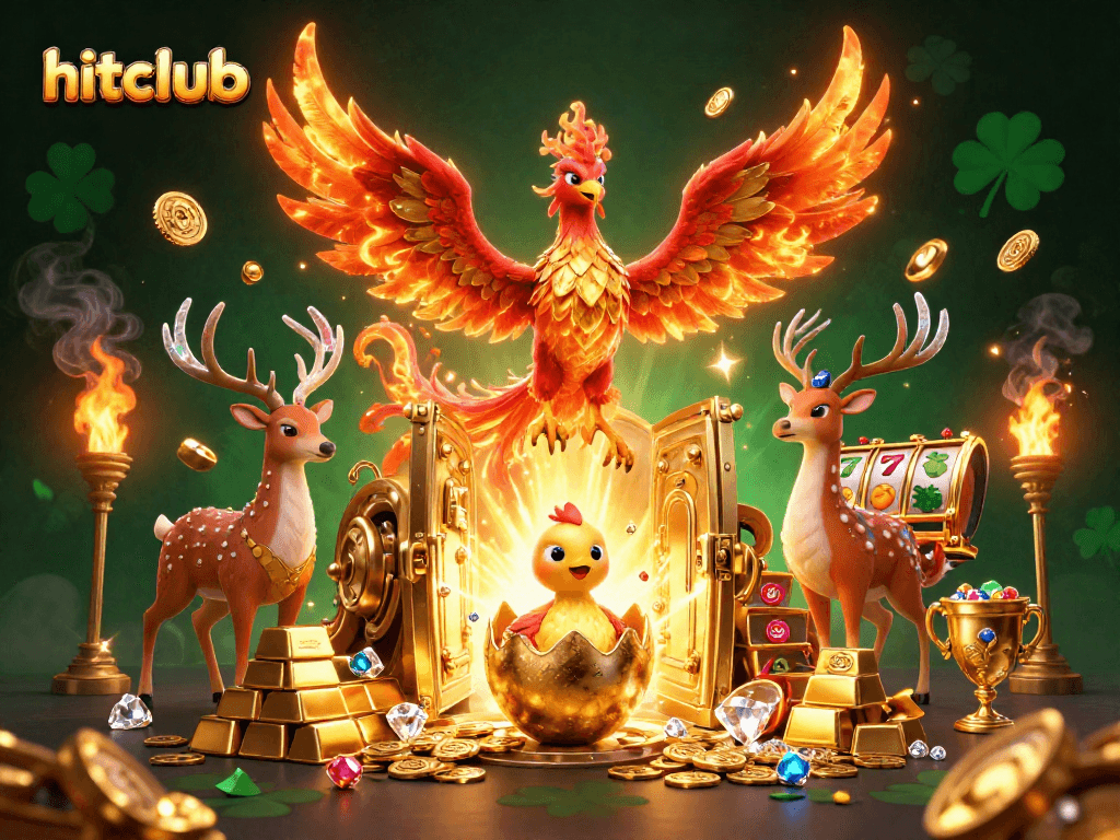 Engage in hitclub excitement with a vibrant 3D illustration of treasures, phoenixes, and slots.