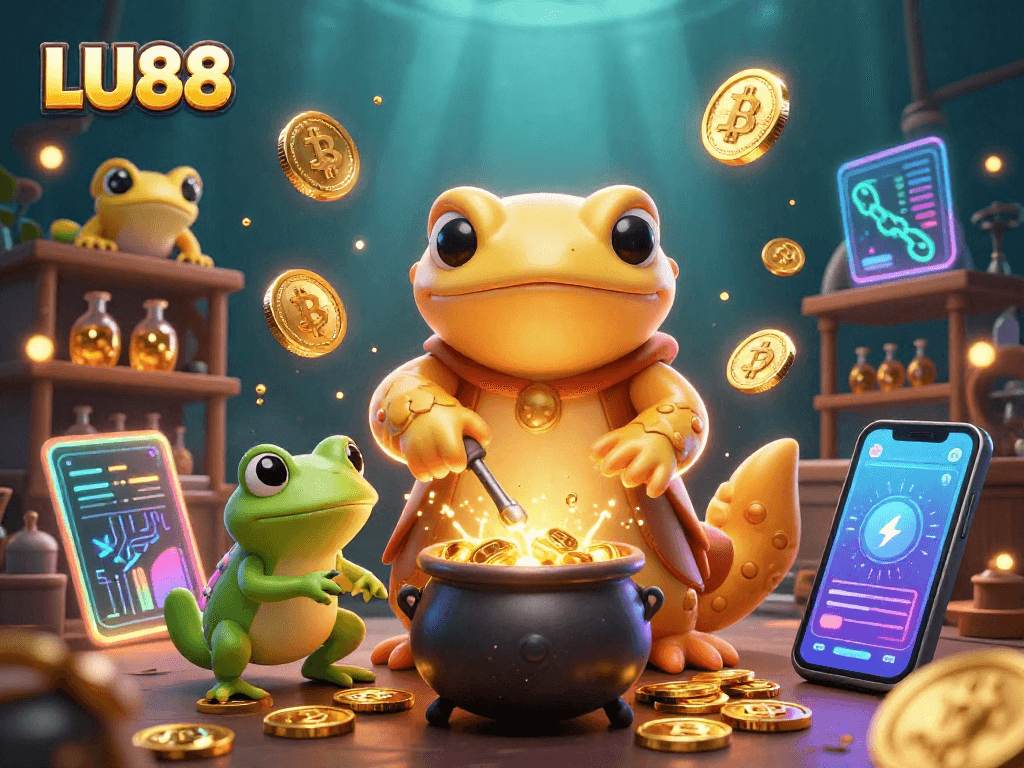 LU88 players strategize with golden coins as the enchanting alchemist conjures treasures in this vibrant casino scene.