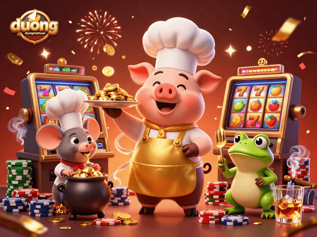 Win big with duongmatchuoc as a chef pig serves golden coins in a rich casino scene.