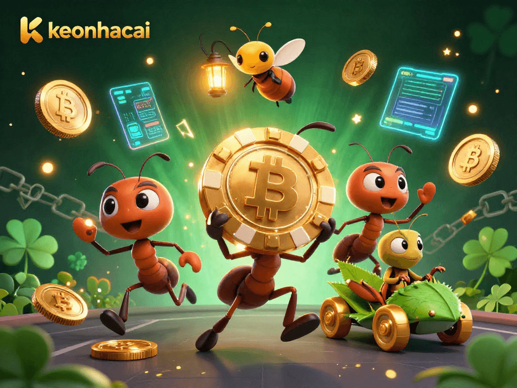 Engage in thrilling keonhacai action with a heist-themed illustration featuring ants and crypto elements.