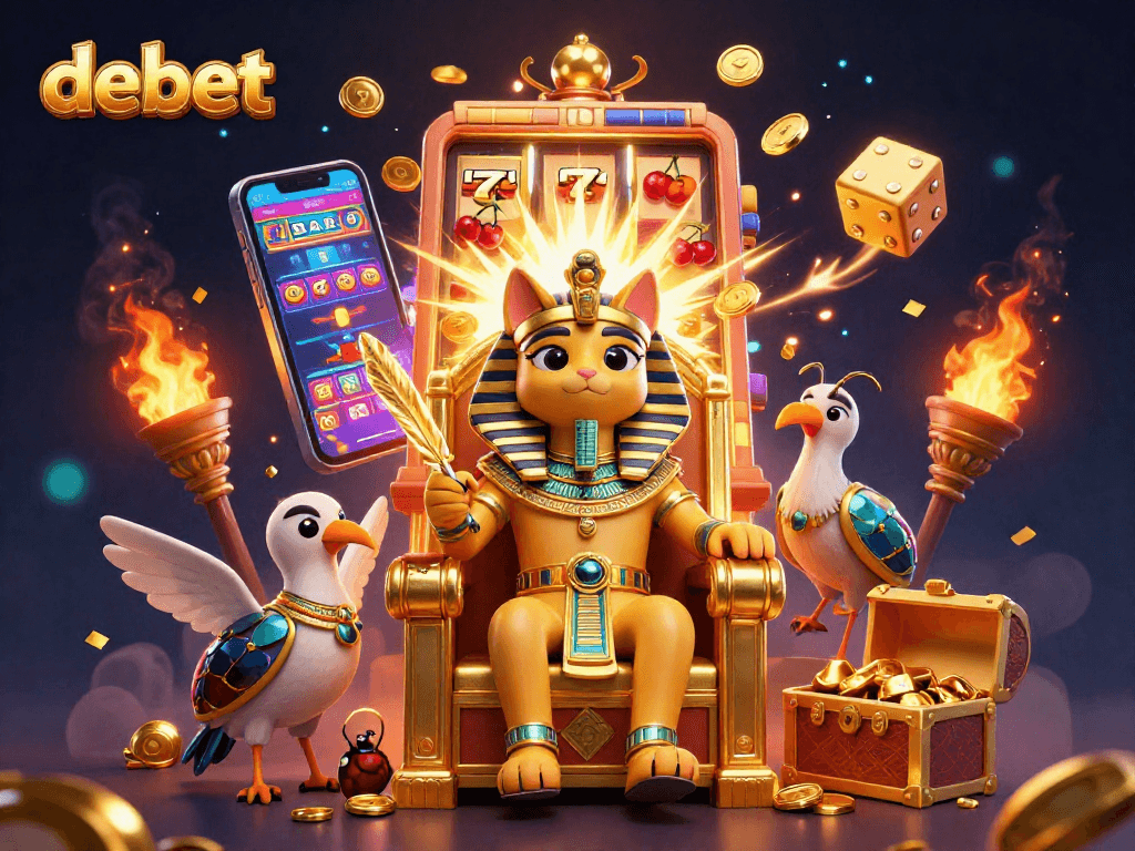 Experience the excitement of debet through this vibrant 3D casino scene featuring a pharaoh cat