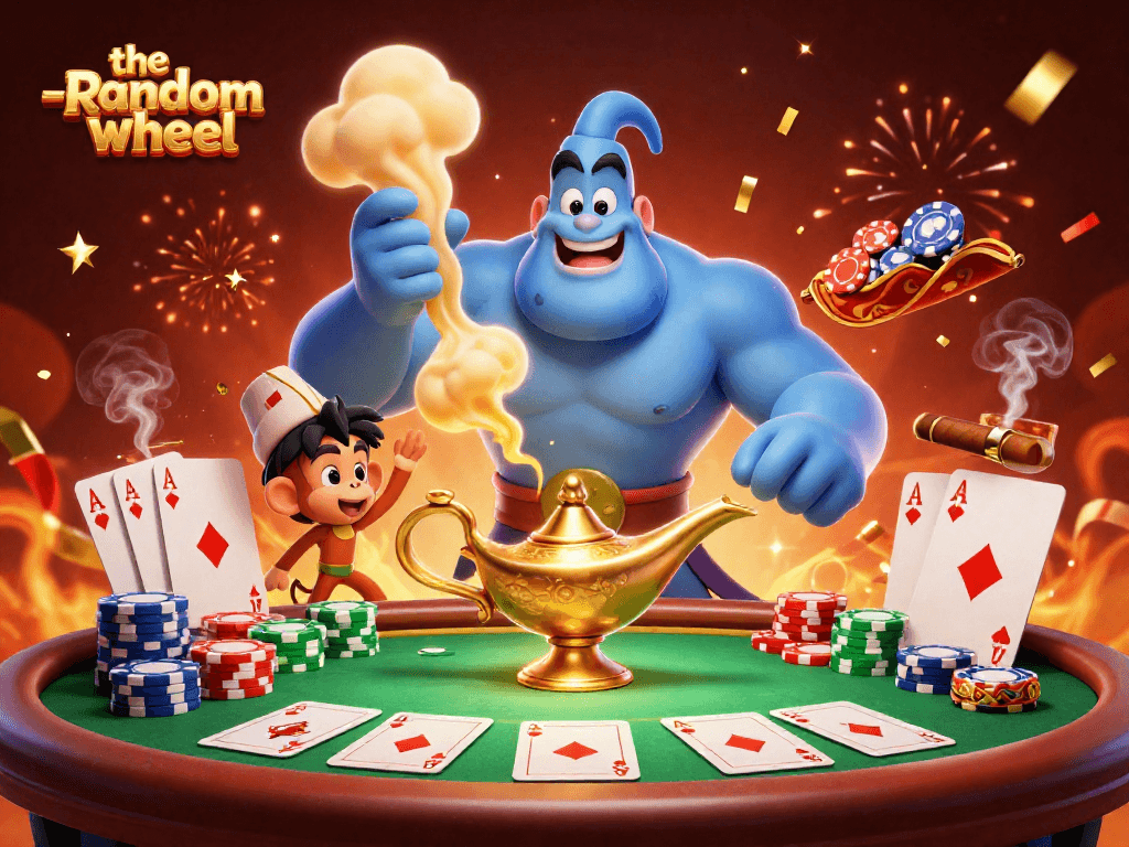 Engage with the-random-wheel as a blue genie emerges, surrounded by poker chips.