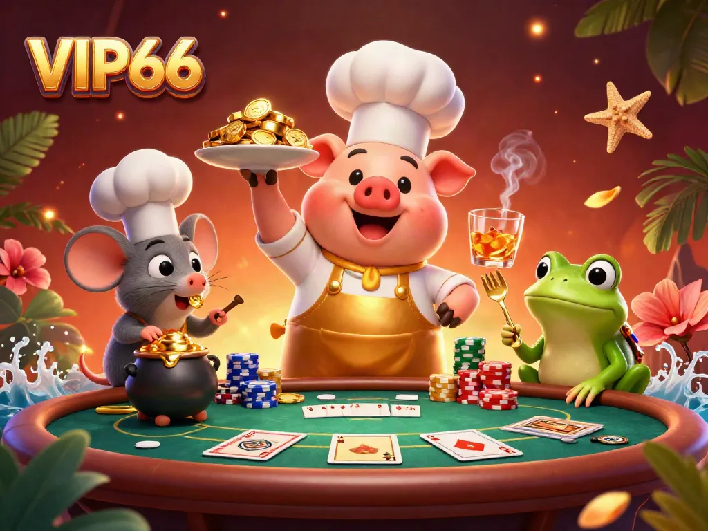 VIP66 casino fun with gourmet gold coins, poker chips, and dynamic characters in action.