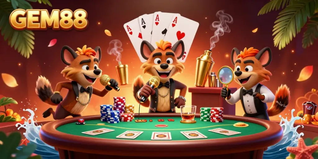 Experience the vibrant atmosphere of GEM88 with hyenas, poker elements, and a thrilling casino club setting.