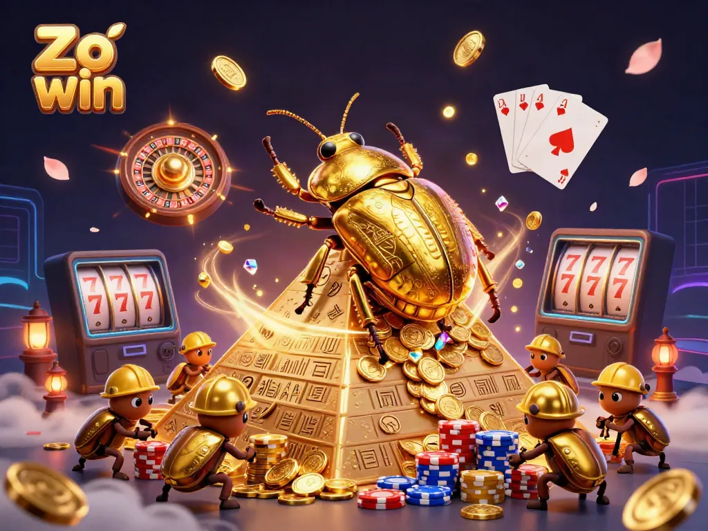 Experience thrilling gameplay at Zo win with golden beetles and casino treasures in a vibrant 3D world.