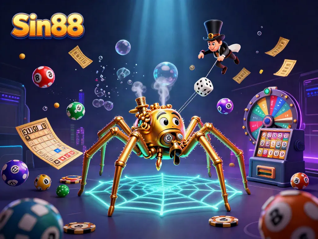Experience thrilling Sin88 games with a steampunk spider catching dice in a vibrant casino scene.