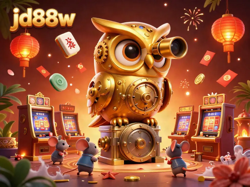Experience the dynamic energy of jd88w with an owl overseeing a bustling casino scene.