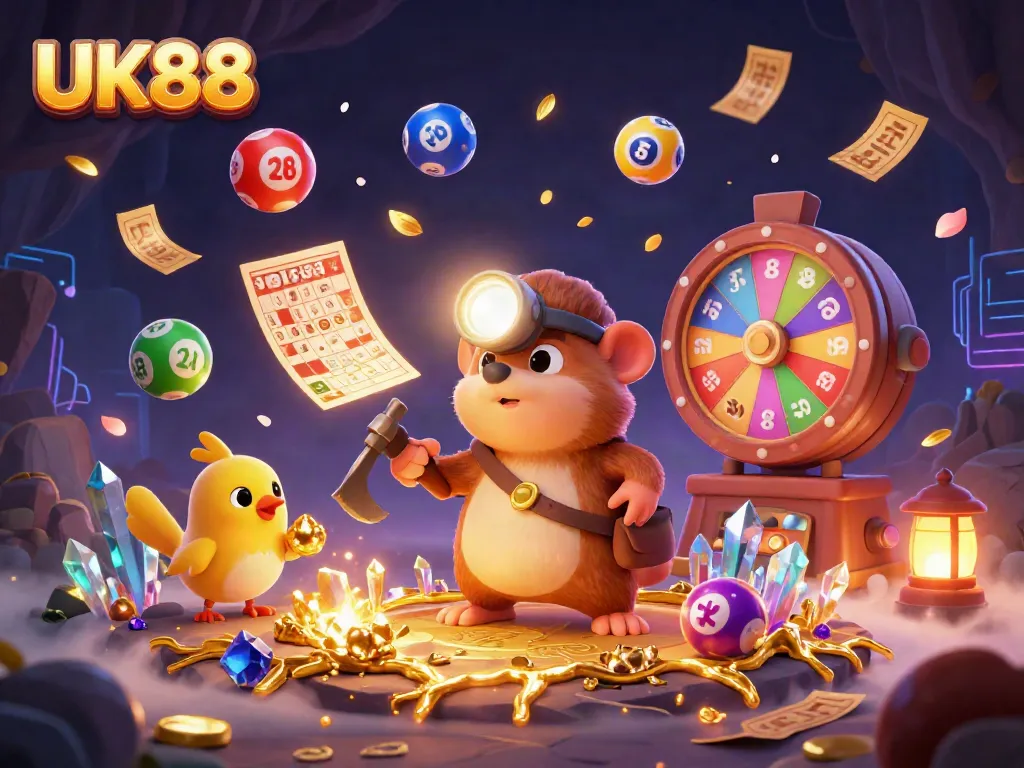 Experience UK88's vibrant gaming scene with a treasure hunter mole and dynamic lottery elements.