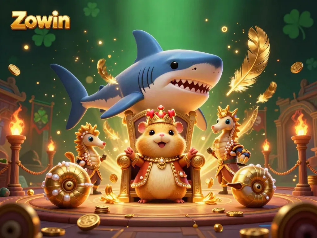 Zowin brings luck with golden hamster king and seahorse guards in a vibrant casino-themed battle.