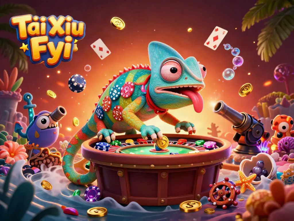 Tài Xỉu Fyi casino scene featuring a chameleon owner, golden coins, and vibrant game elements.