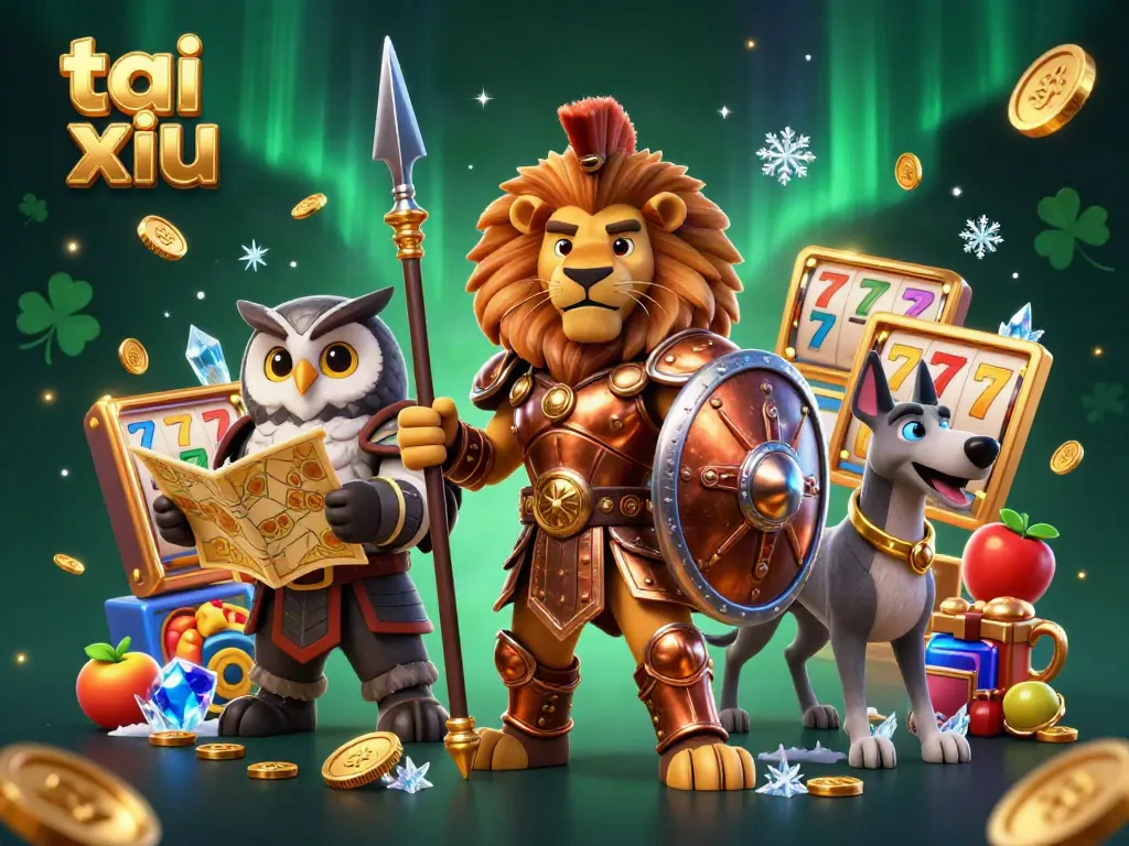 Experience thrilling tai xiu action with a vibrant 3D casino illustration featuring a Spartan lion, wise owl and swift greyhound amidst dynamic gambling elements.