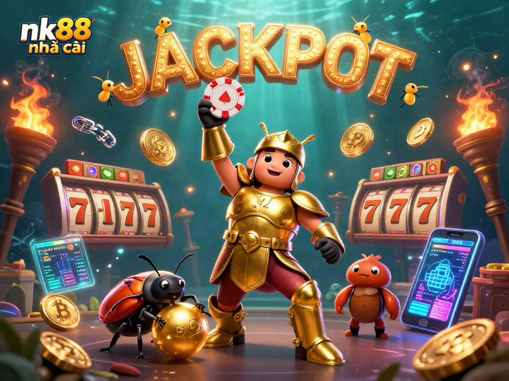 Engage with nk88 nhà cái as a triumphant beetle character celebrates a big win amidst dazzling casino elements.