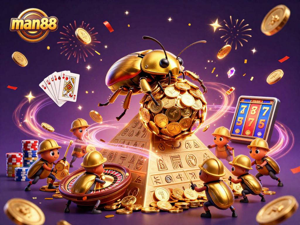 Experience the thrill of gaming at man88 with golden beetles rolling coins and dynamic casino elements.