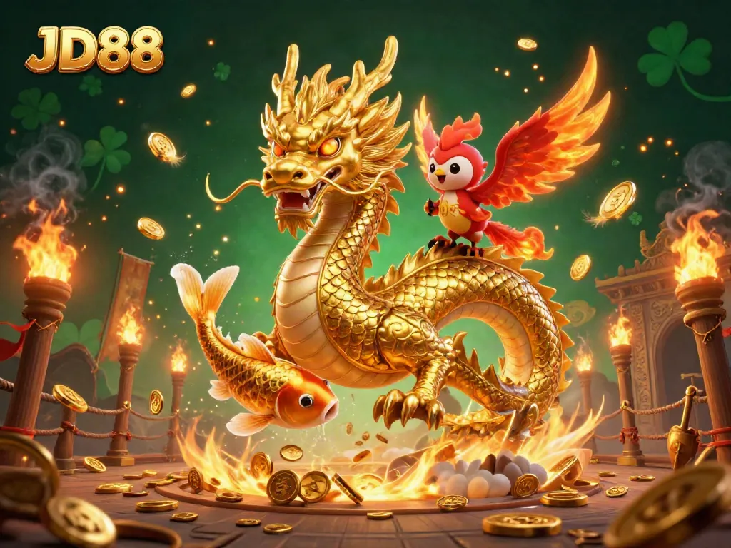 Experience the excitement of JD88 with a golden dragon, phoenix, and koi fish amidst a vibrant casino scene.